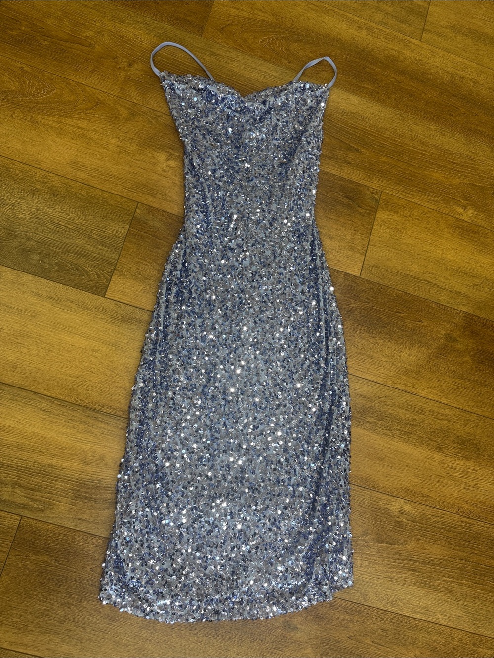 Morgan & Co. Silver-Blue Sequin Midi Slip Dress. Size 3